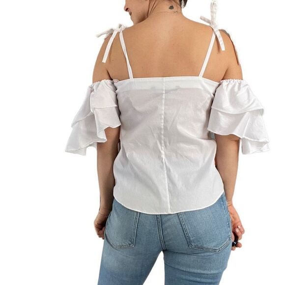 White House Black Market Off the Shoulder White Top Blouse Size 4 Ruffle Sleeves - Picture 5 of 9